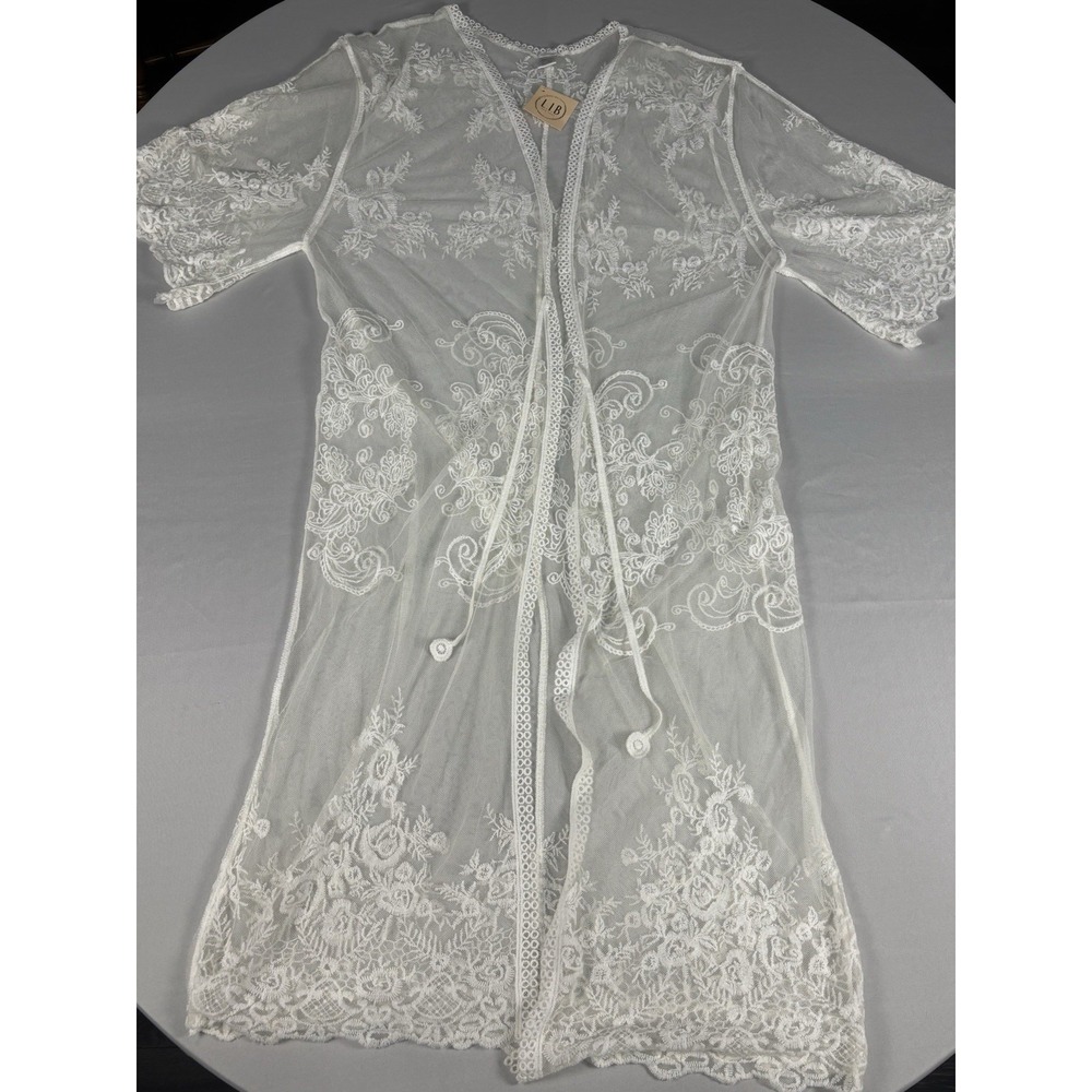 Women's Lace Kimono Duster White Sheer Floral Embroidered Boho Cover Up Long